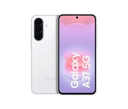 Weißes Samsung Galaxy A37 5G Smartphone mit 'Galaxy A37 5G' auf dem Bildschirm. Dahinter ein zweites Gerät mit Dreifachkamera.