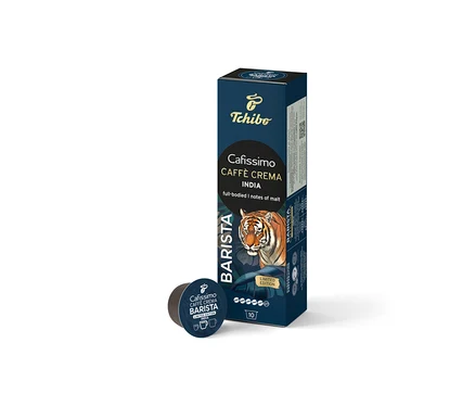 Dunkelblaue Verpackung für Cafissimo BARISTA Caffè Crema India mit 10 Kapseln, verziert mit einem Tigerkopf, und eine einzelne Kapsel davor.