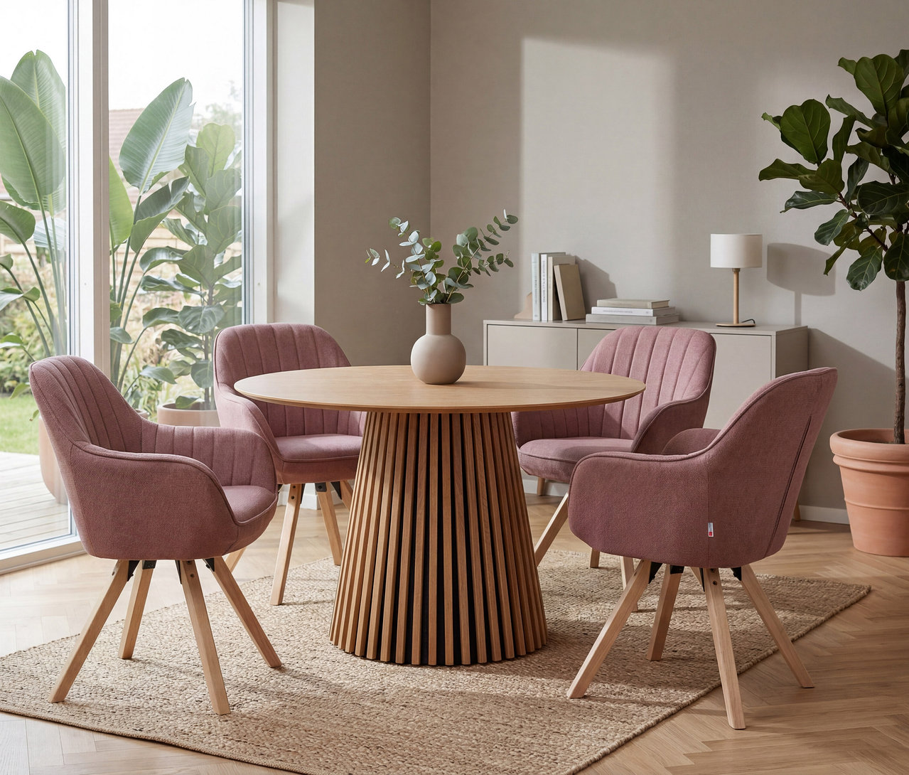 Ein Essbereich mit einem runden Holztisch und vier rosafarbenen deVries Diningsessel »Matera« auf einem Jute-Teppich. Eine Vase mit Eukalyptuszweigen steht auf dem Tisch. Große Fenster blicken auf einen Garten, und ein Sideboard mit Büchern und einer Lampe befindet sich im Hintergrund.