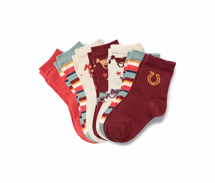 Ein Set aus sechs Paar Socken in verschiedenen Farben und Mustern.