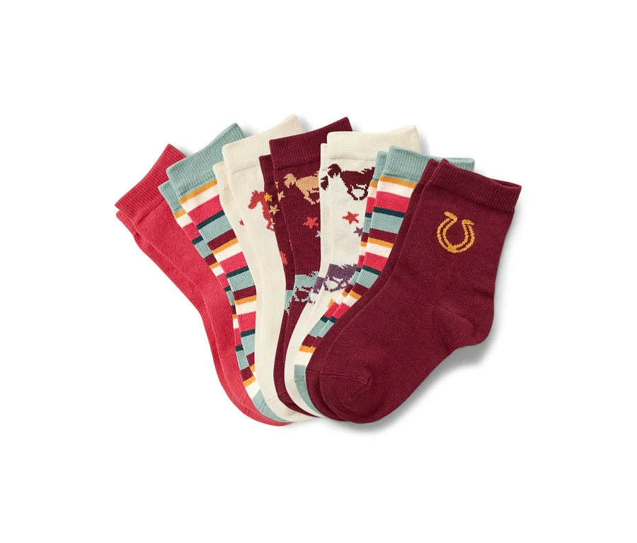 Ein Set aus sechs Paar Socken in verschiedenen Farben und Mustern.