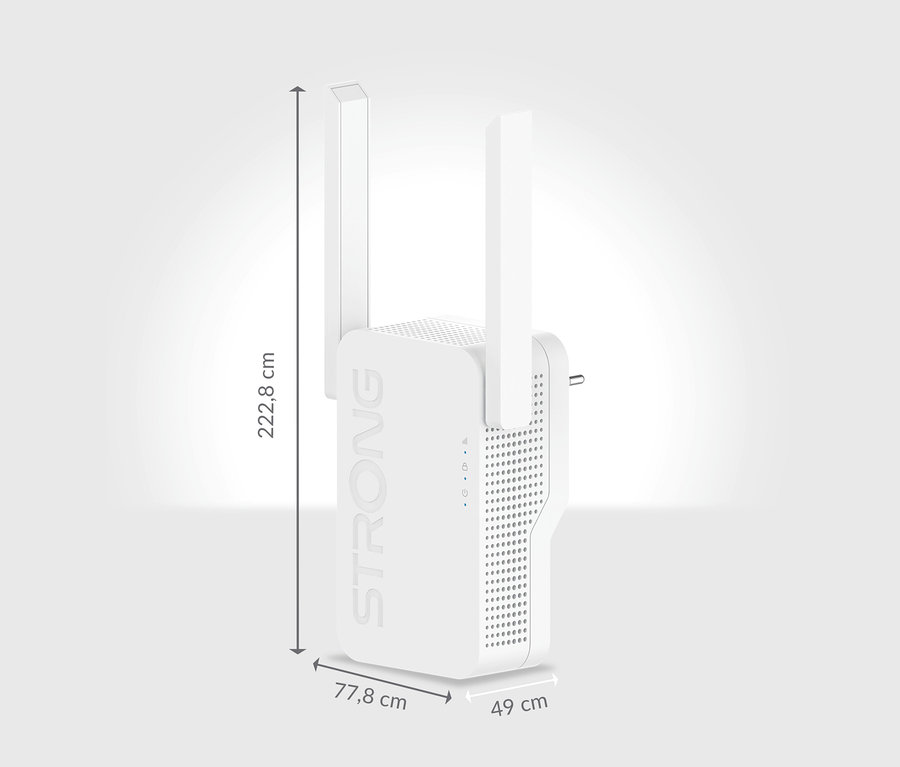 Abmessungen des weißen Strong Wi-Fi 6 Repeaters »AX 1800« sind 222,8 x 77,8 x 49 cm.
