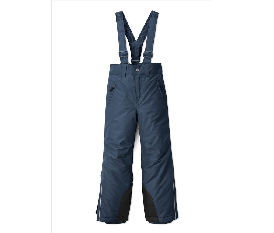 Eine blaue Skihose mit schwarzen Knieflicken.