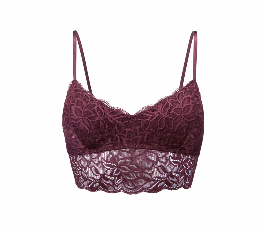 Weinrotes Spitzen-Bustier auf weißem Hintergrund.