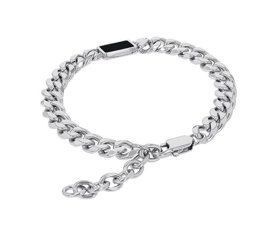 Silbernes Armband mit einem schwarzen, rechteckigen Anhänger, ein Amor Unisex-Armschmuck.