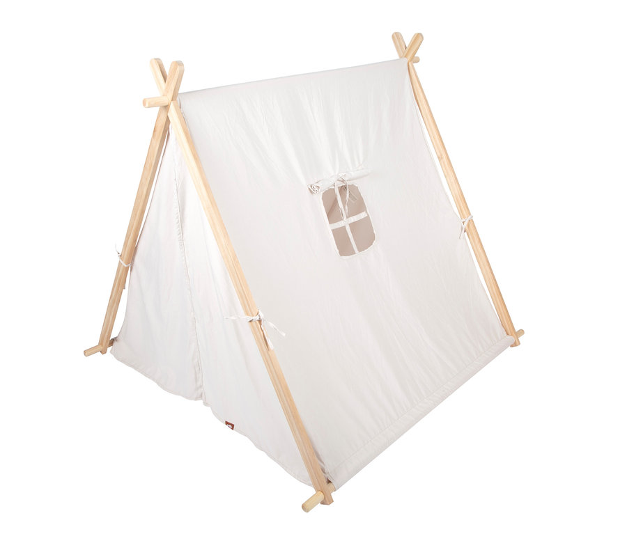 Weißes small foot Spielzelt mit Holzrahmen und einem kleinen Fenster.