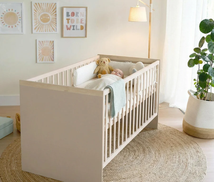 Ein Baby schläft in einem Roba Kinderbett aus dem 3-teiligen Kinderzimmer-Set »Elva« in Cashmere und Virginia Chestnut. Ein Teddybär und eine hellblaue Decke sind im Bett. An der Wand hängen Sonnenbilder und ein "BORN TO BE WILD"-Druck. Eine Stehlampe und eine Pflanze stehen rechts.