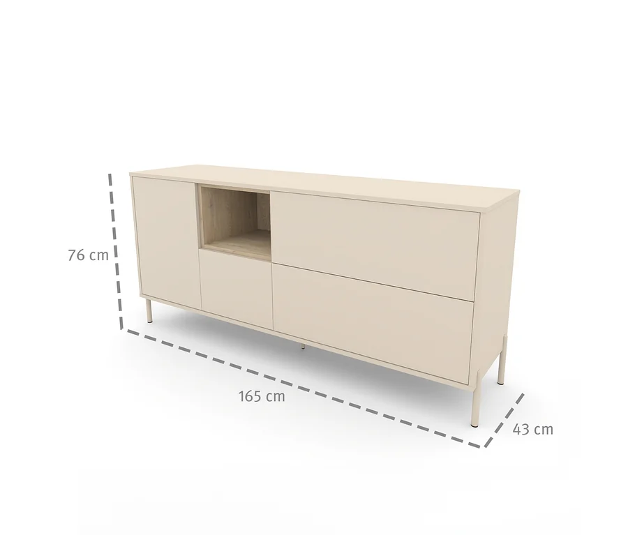 Das Sideboard »Hygge« mit 1 Tür in Cashmere-Weiß steht auf Füßen und hat Maßangaben eingeblendet.