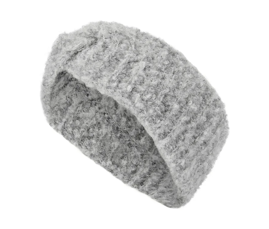 Graues, flauschiges Stirnband aus Bouclé-Stoff auf weißem Hintergrund.