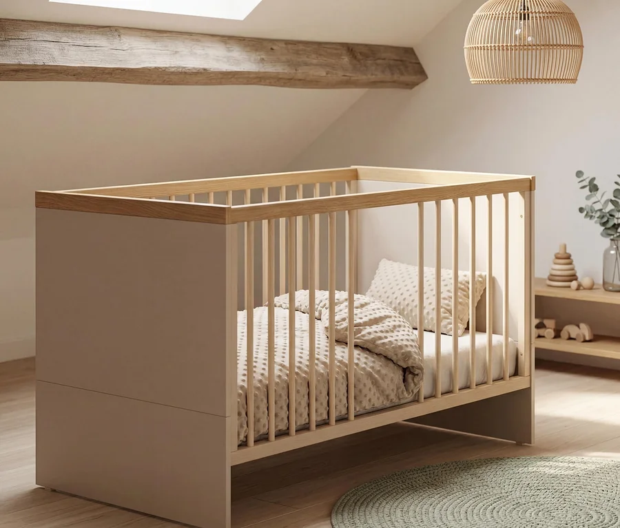 Ein modernes Babybett mit hellen Holzstäben und einer beigen Seitenwand, ausgestattet mit einer strukturierten beigen Bettdecke und einem Kissen. Das Bett steht auf einem Holzboden mit einem runden grünen Teppich in einem Dachzimmer mit Dachfenster, Holzbalken und einem Holzregal mit Spielzeug und einer Pflanze.