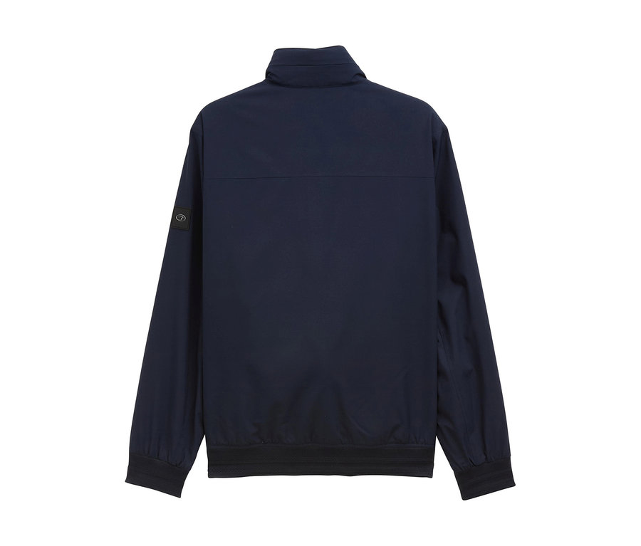 Dunkelblaue Jacke mit Reißverschluss und Stehkragen, Rückansicht.