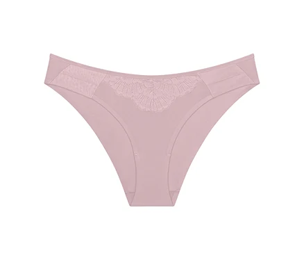Rosa Slip mit Spitzen- und Netzeinsätzen am Bund.