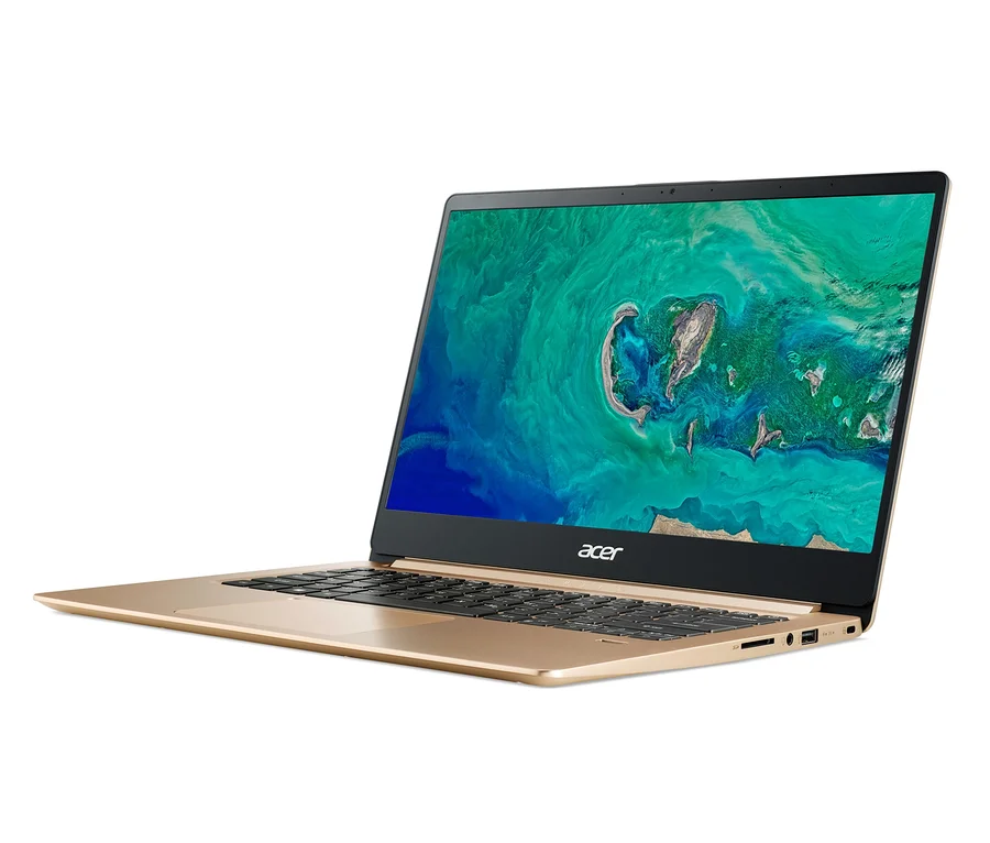 Ein goldfarbenes Acer-Swift-1-Notebook ist schräg abgebildet. Auf dem Bildschirm befindet sich ein abstraktes Hintergrundbild.