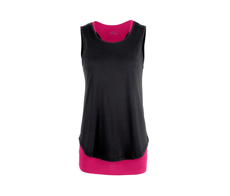 Schwarzes 2-in-1-Sporttop mit pinkfarbenem Unterteil.