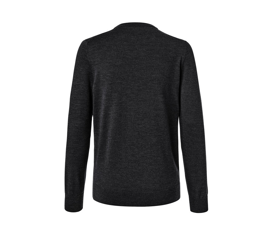 Detailansicht der Rückseite eines anthrazitfarbenen Merino-Pullovers.