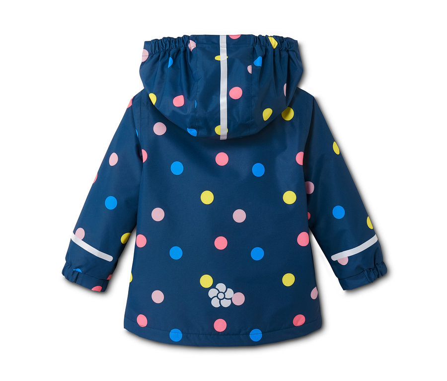 Dunkelblaue Thermo-Regenjacke mit Kapuze und bunten Punkten.