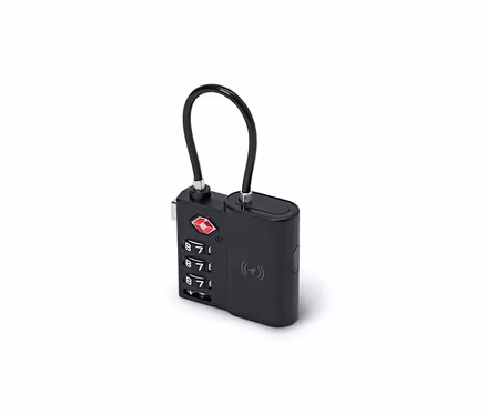 Schwarzes Smart-TSA-Schloss mit Tracker, Zahlencode und flexiblem Kabel.