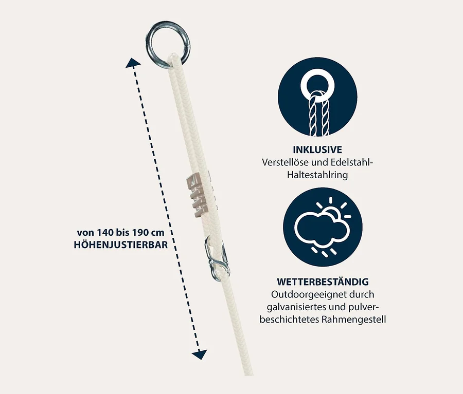 Abbildung eines Seils mit Metallring und Höhenverstellung von 140 bis 190 cm. Enthält die Information, dass ein verstellbarer Stahlring inklusive ist und dank verzinktem und pulverbeschichtetem Rahmen wetterbeständig ist. HUDORA Nestschaukel »Lounge«, beige, Ø 110 cm