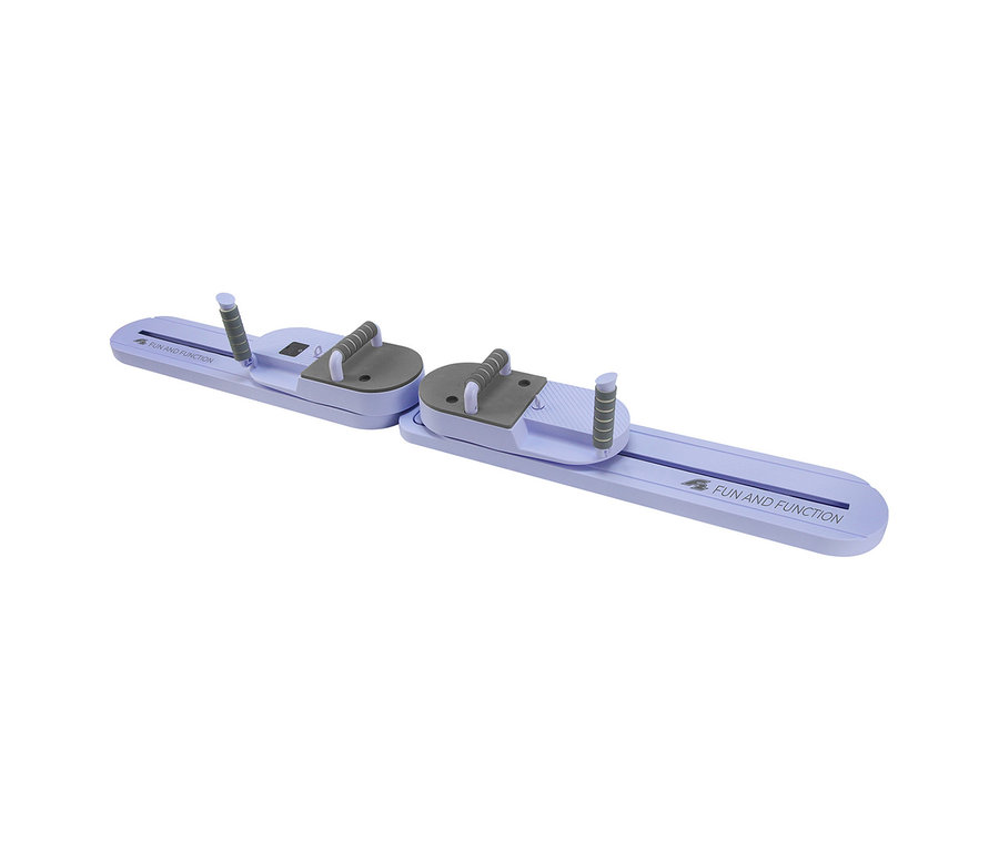 F2 CORE PRO Pilates Trainer in Hellviolett und Grau, bestehend aus zwei verbundenen Teilen mit Basis, grauer Plattform, Griffen und Rollen.
