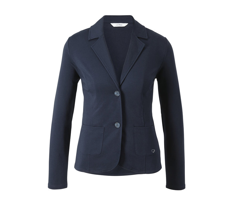 Ein marineblauer Sweatblazer mit langen Ärmeln und zwei Knöpfen.