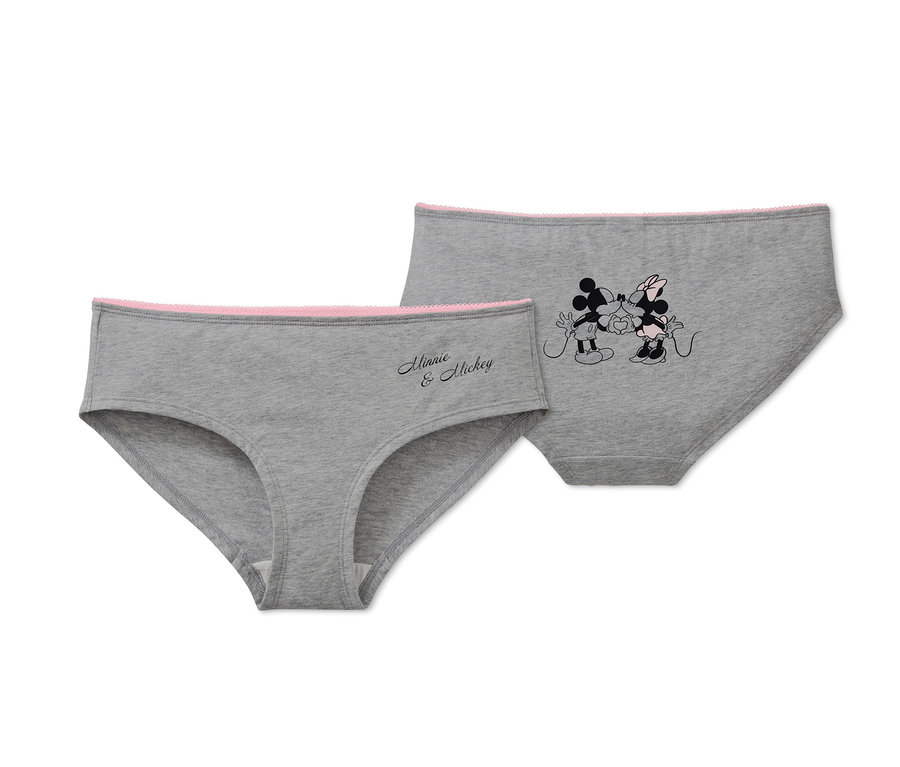 Zwei graue 3 Pantys »Disney«, eine mit dem Schriftzug Minnie & Mickey und die andere mit einem Bild von Mickey und Minnie.