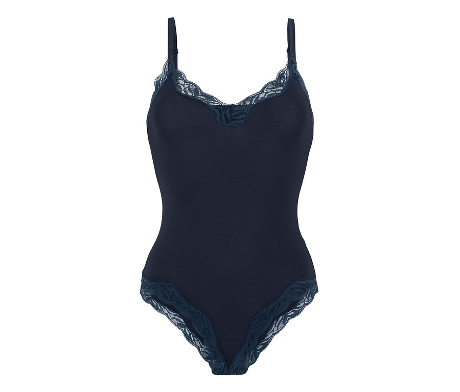 Dunkelblauer Body mit Spitze.