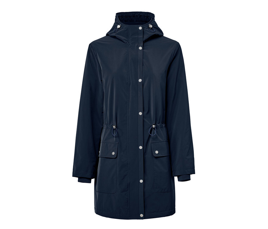 Marineblaue Parka mit Kapuze, Knopfverschluss und Kordelzug in der Taille.