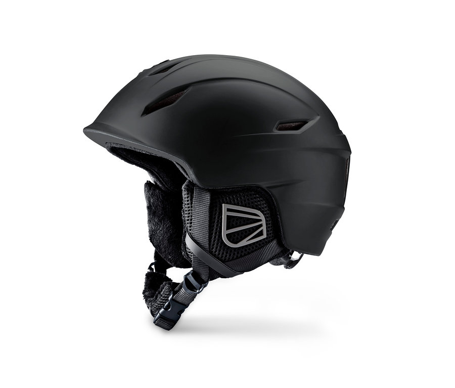 Schwarzer In-Mould-Ski- und Snowboardhelm vor weißem Hintergrund.