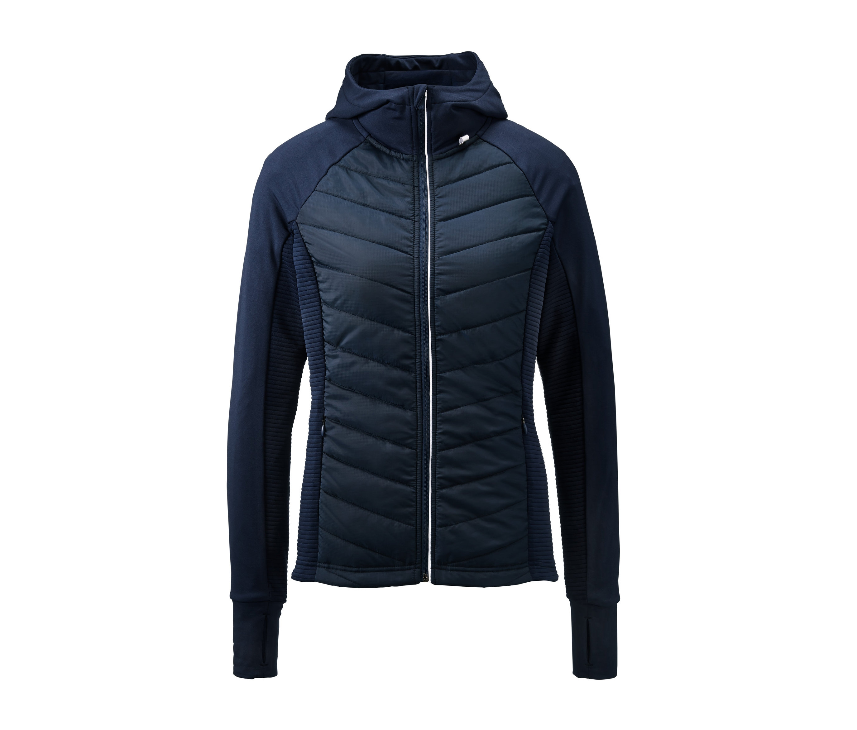 Dunkelblaue Thermo-Laufjacke mit Kapuze.