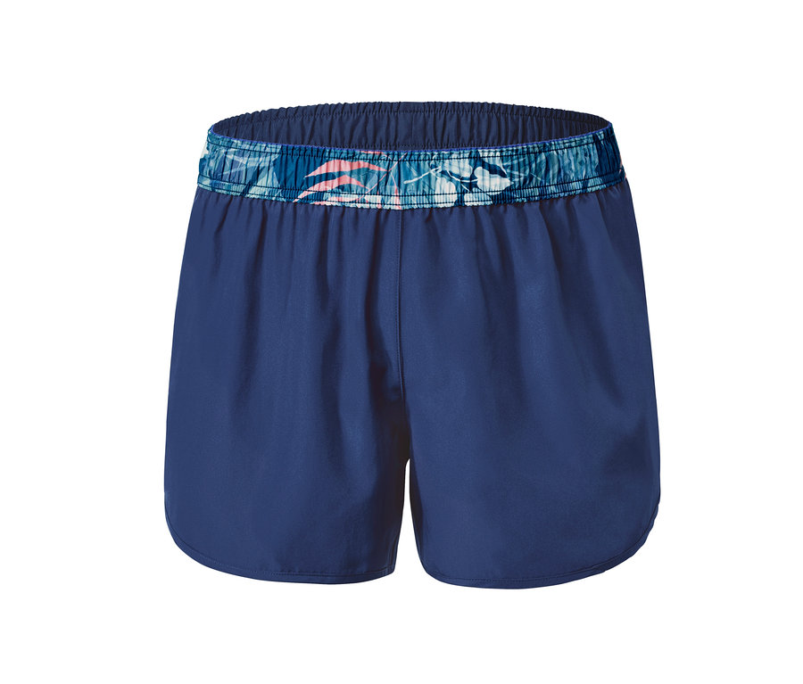 Dunkelblaue Bade- und Laufshorts mit dekorativem Muster am Bund.