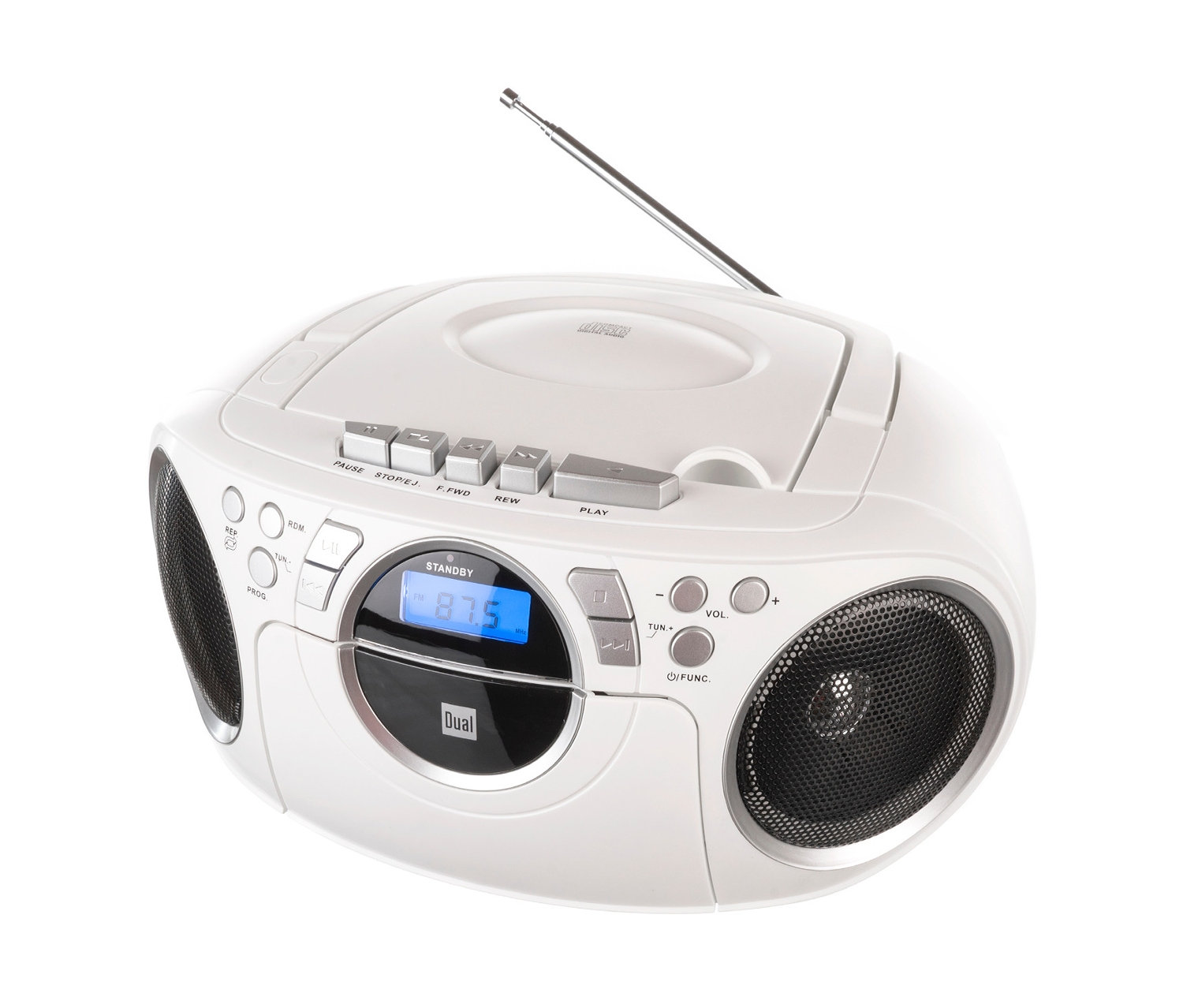 Weißer Dual-P75-Boombox mit Radio, CD- und Kassettenlaufwerk.