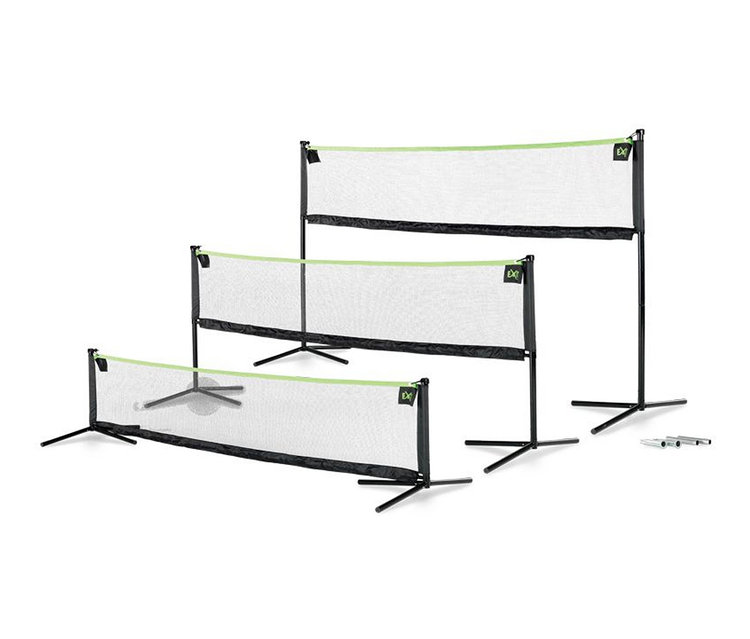 Drei schwarze EXIT Multi-Sportnetz »3000« in verschiedenen Höhen mit weißem Netz und grünem Rand.