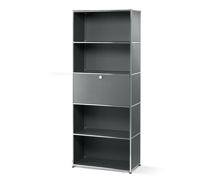Hohes Metallregal mit versetzbarem Klappfach.