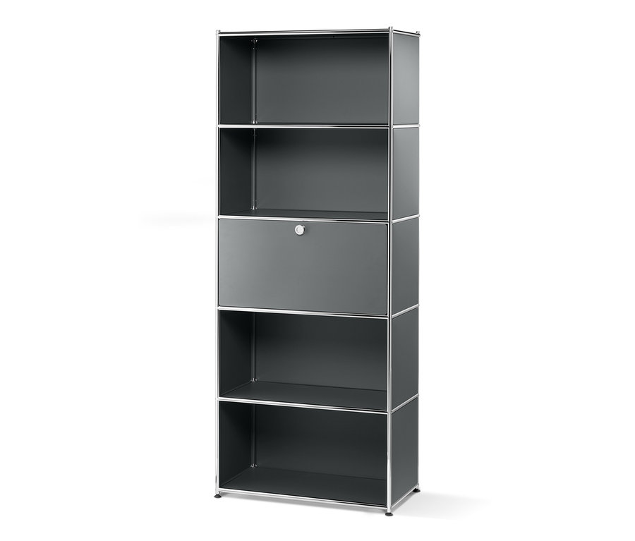 Hohes Metallregal mit versetzbarem Klappfach.