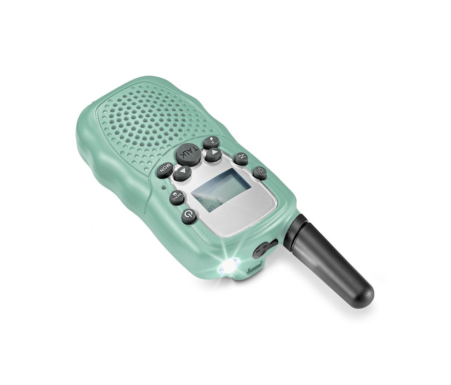 Ein grünes Kinder-Walkie-Talkie (2er-Set) mit Antenne und Display.