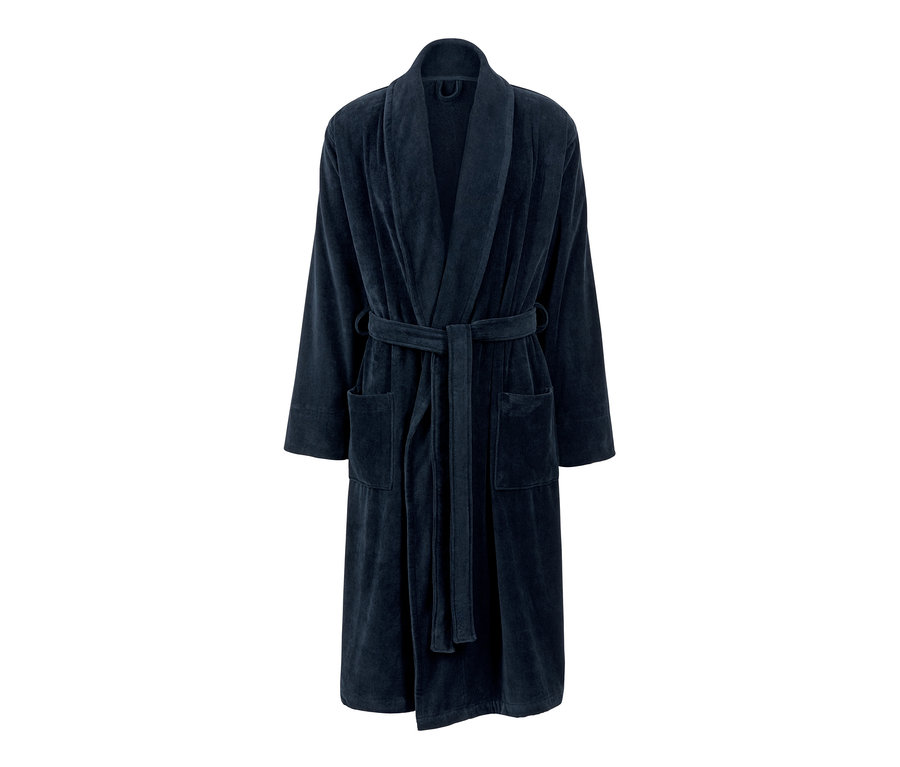Dunkelblauer Herren-Velours-Bademantel mit Gürtel und Taschen.