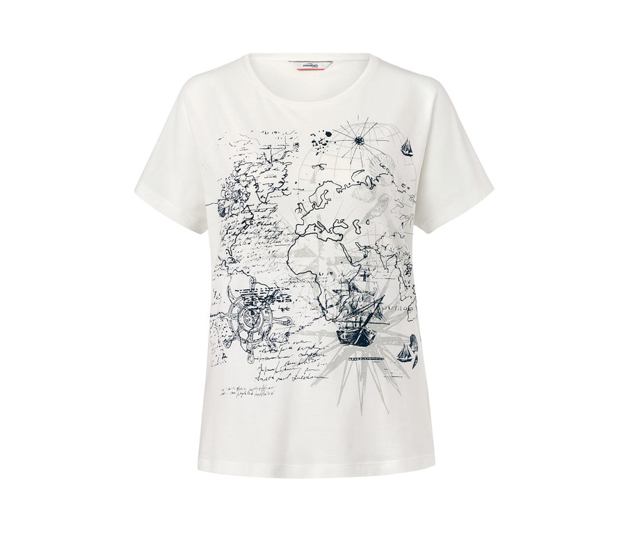 Weißes Shirt mit Rundhalsausschnitt und Weltkarten-Print.