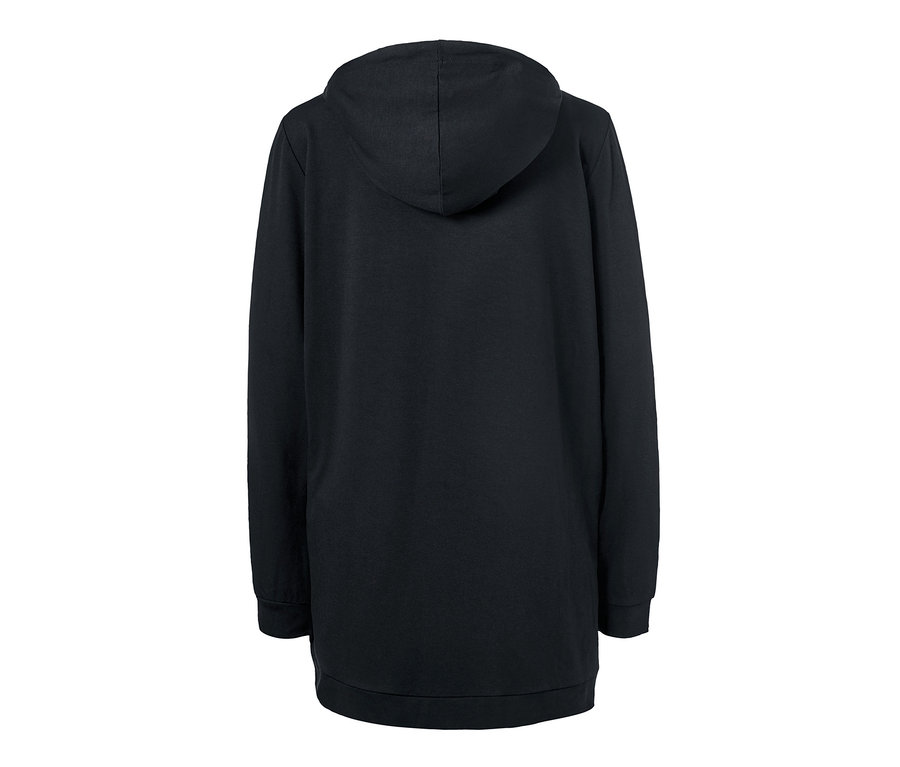 Rückansicht eines schwarzen Longhoodies.