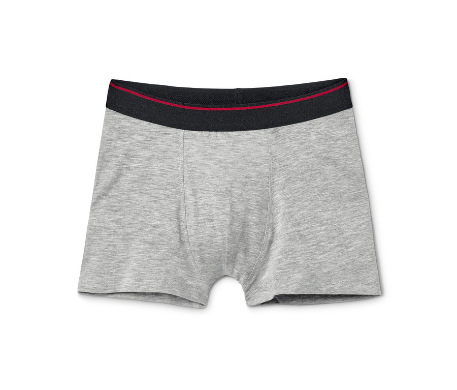 Graue 3 Jungen-Slipboxer mit schwarzem Bund mit rotem Streifen.