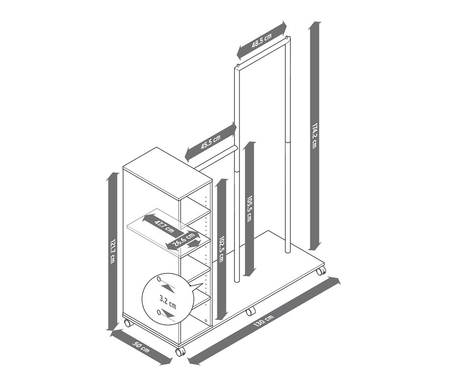 Illustration einer Garderobe mit Fächern und verschiedenen Ebenen mit den dazugehörigen Maßen.