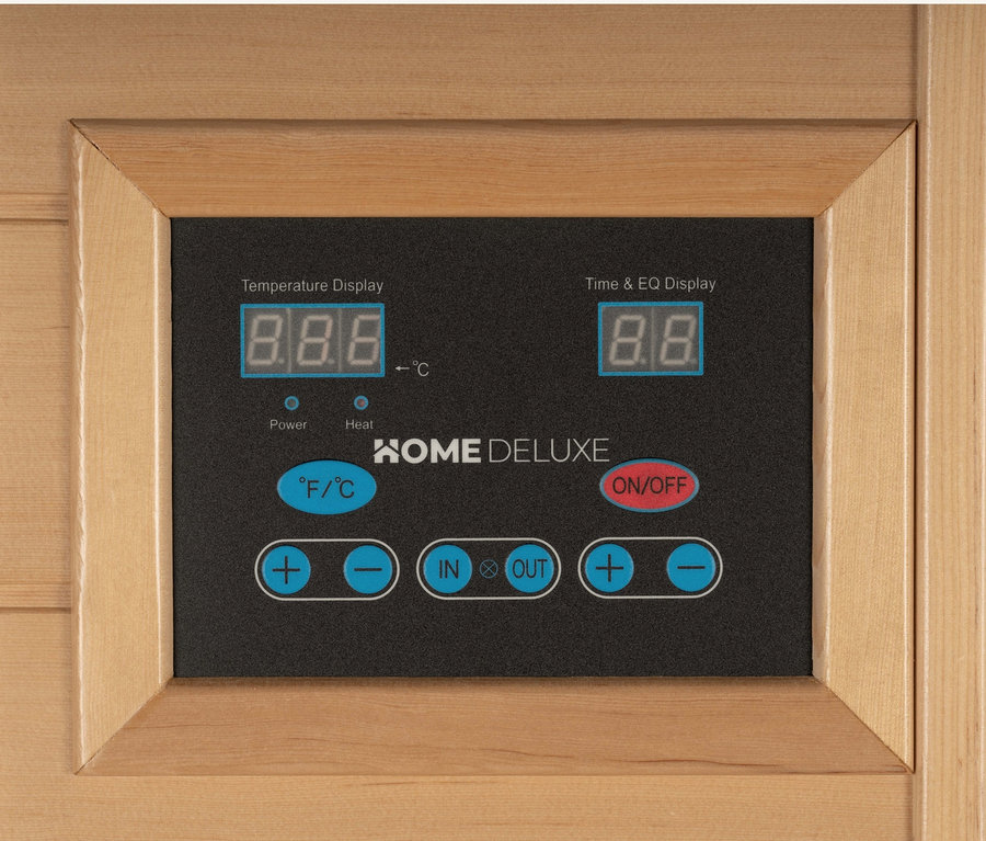 Detailaufnahme des Bedienfelds der Home Deluxe Infrarotkabine »SAHARA XXL«, das Temperatur- und Zeitanzeigen zeigt.