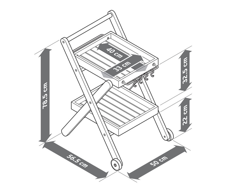 Abbildung eines kleinen Grillwagens »Lenja« mit Maßangaben.