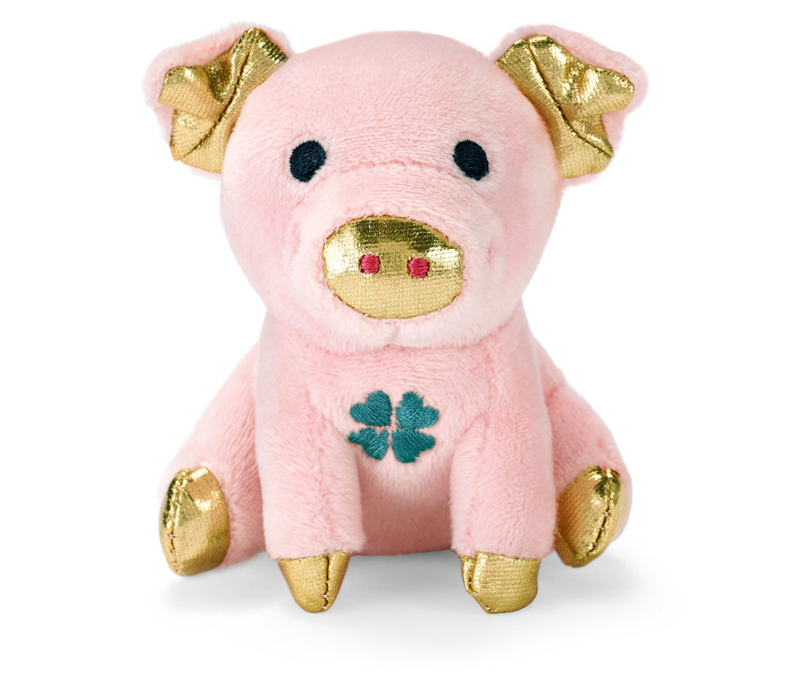 Ein rosa Glücksschweinchen mit Sound und goldenen Details sitzt vor einem weißen Hintergrund.