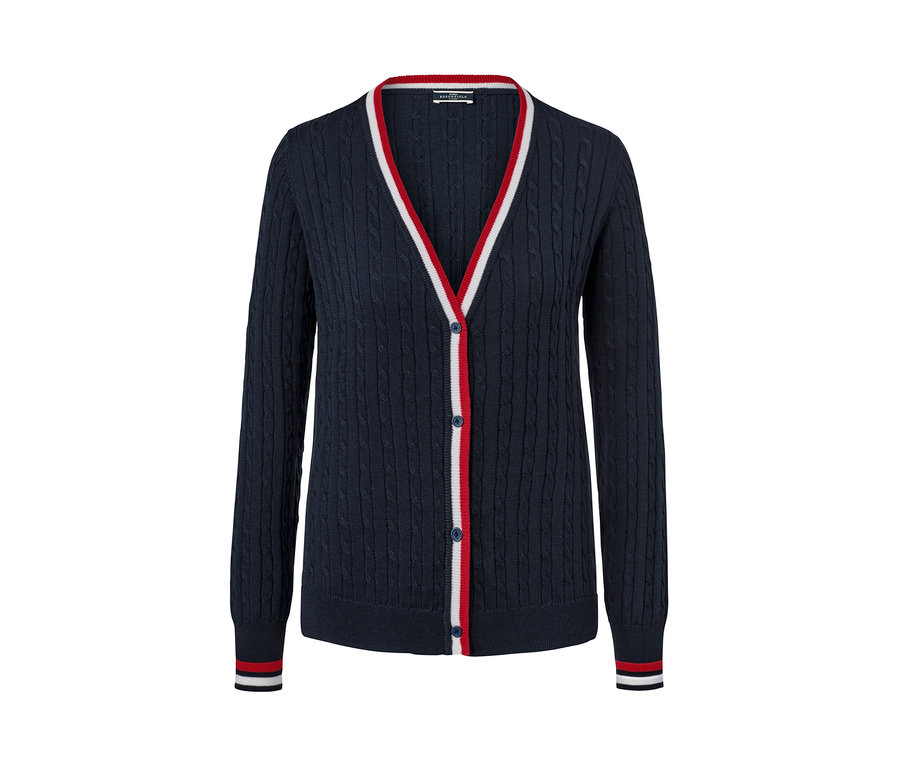 Blauer Feinstrickcardigan mit Zopfmuster.