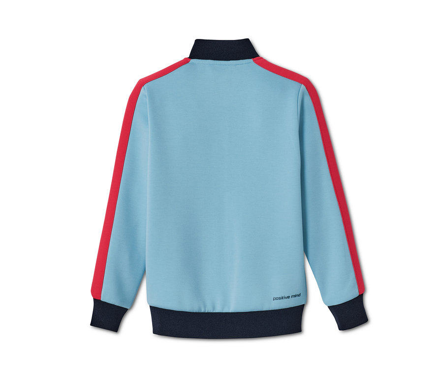Hellblaue Sportjacke mit roten Streifen und "positive mind" Schriftzug.