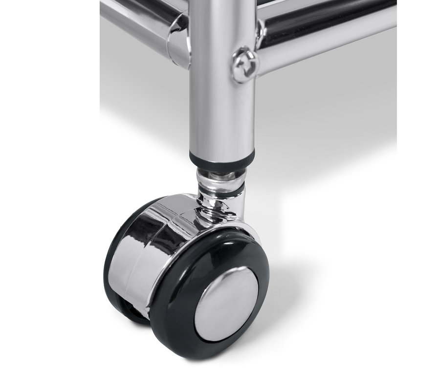 Detailaufnahme eines grauen Metall Beistelltisch »CN3« mit Schublade, Fokus auf das Rad.