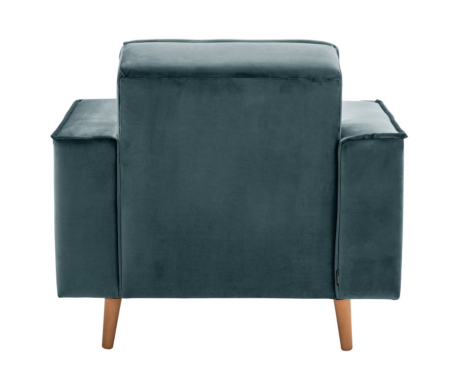 Rückansicht des azurblauen Max Winzer® Sessels »Jolene« mit Holzbeinen.