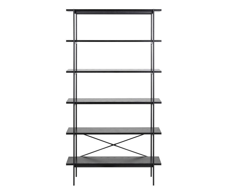 Ein offenes, schwarzes Regal mit fünf Regalböden.
