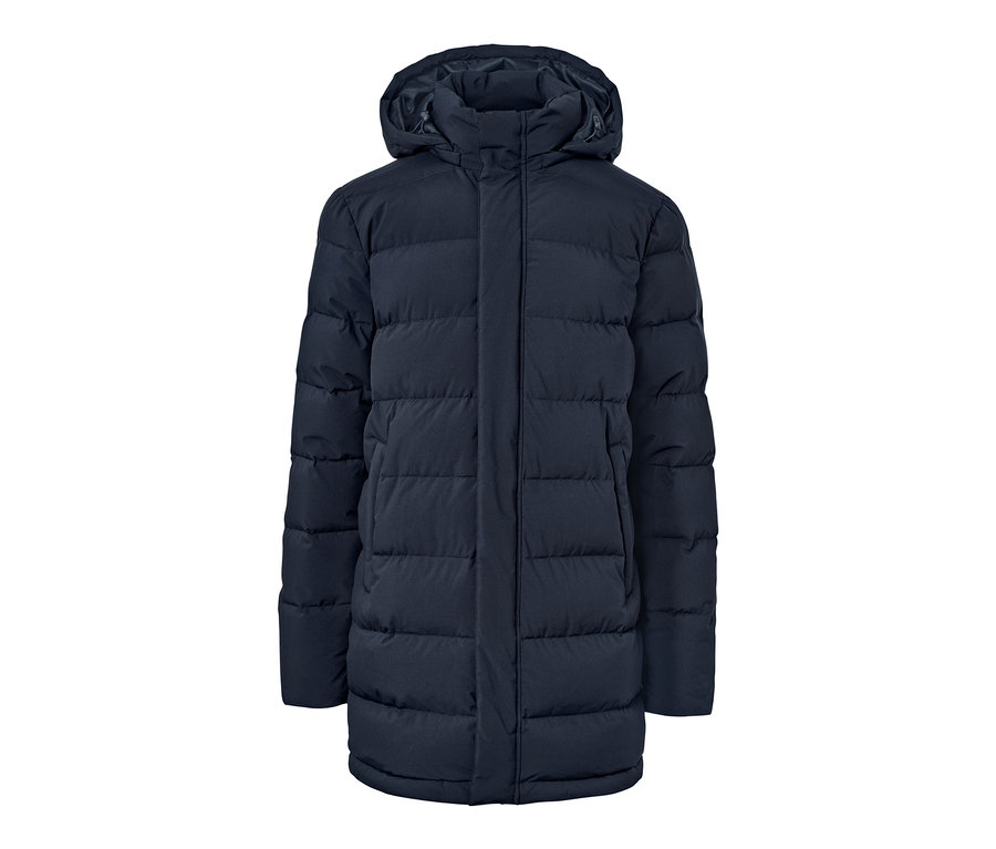 Dunkelblauer Daunen-Steppparka auf weissem Hintergrund.