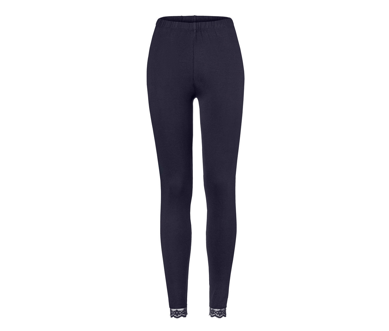 Dunkelblaue Leggings mit Spitzenborte.